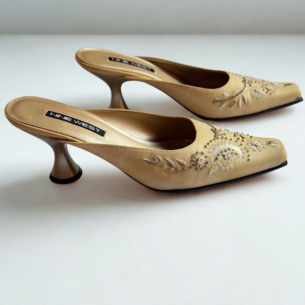 Nine West Beige Embroidered Mule Heels